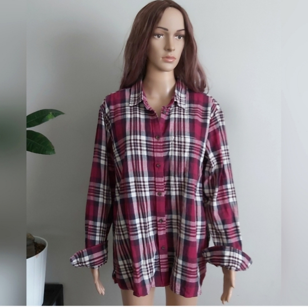 Roots button down shirt Large plaid maroon red blue long sleeves